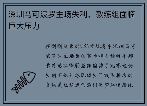 深圳马可波罗主场失利，教练组面临巨大压力